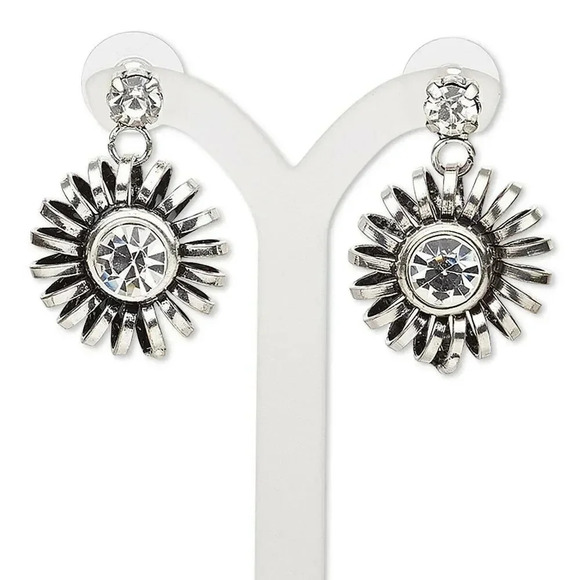 Edgy Modern Art Deco Style Dimensional Antique Silver Clear Crystal Earrings - Picture 1 of 1